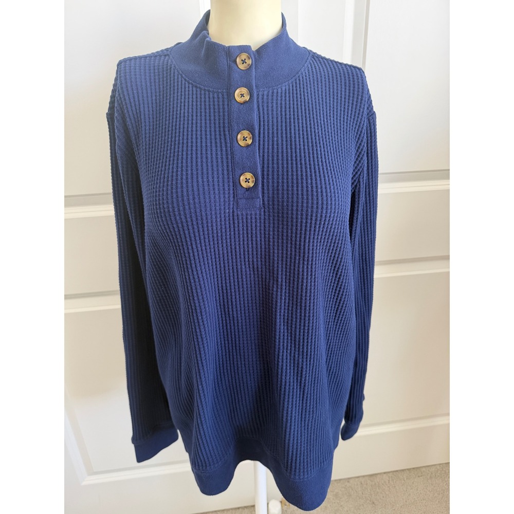 Lands' End Womens Navy Blue Waffle Knit Henley Mock Neck Tunic Top Large 14-16